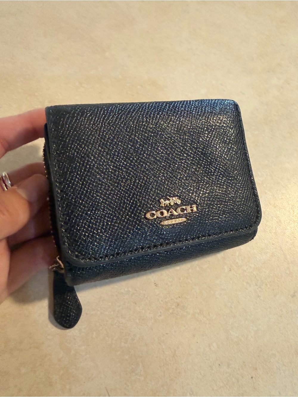 Coach Pebbled Leather Mini Zip Tri-Fold Wallet in Black
